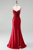 Red Satin Mermaid Corset Sequins Beaded V-Neck Long Prom Dress with Slit