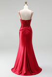 Red Satin Mermaid Corset Sequins Beaded V-Neck Long Prom Dress with Slit