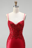 Red Satin Mermaid Corset Sequins Beaded V-Neck Long Prom Dress with Slit
