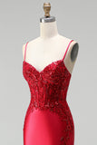Red Satin Mermaid Corset Sequins Beaded V-Neck Long Prom Dress with Slit
