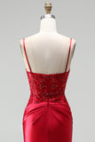 Red Satin Mermaid Corset Sequins Beaded V-Neck Long Prom Dress with Slit