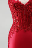 Red Satin Mermaid Corset Sequins Beaded V-Neck Long Prom Dress with Slit