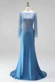 Slate Blue Mermaid Illusion Bateau Neck Sequins Appliques Satin Long Prom Dress with Beading
