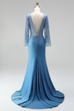 Slate Blue Mermaid Illusion Bateau Neck Sequins Appliques Satin Long Prom Dress with Beading