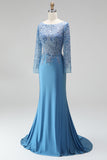 Slate Blue Mermaid Illusion Bateau Neck Sequins Appliques Satin Long Prom Dress with Beading