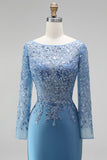 Slate Blue Mermaid Illusion Bateau Neck Sequins Appliques Satin Long Prom Dress with Beading