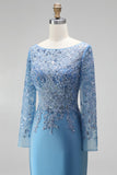 Slate Blue Mermaid Illusion Bateau Neck Sequins Appliques Satin Long Prom Dress with Beading