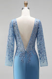 Slate Blue Mermaid Illusion Bateau Neck Sequins Appliques Satin Long Prom Dress with Beading