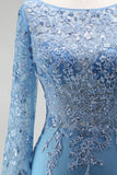 Slate Blue Mermaid Illusion Bateau Neck Sequins Appliques Satin Long Prom Dress with Beading