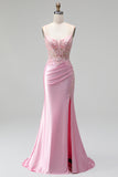 Mermaid Pink Embroidery Beaded Corset Sheer Satin Ruched Spaghetti Straps Long Prom Dress with Slit