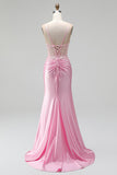 Mermaid Pink Embroidery Beaded Corset Sheer Satin Ruched Spaghetti Straps Long Prom Dress with Slit