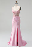 Mermaid Pink Embroidery Beaded Corset Sheer Satin Ruched Spaghetti Straps Long Prom Dress with Slit