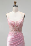 Mermaid Pink Embroidery Beaded Corset Sheer Satin Ruched Spaghetti Straps Long Prom Dress with Slit