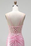 Mermaid Pink Embroidery Beaded Corset Sheer Satin Ruched Spaghetti Straps Long Prom Dress with Slit