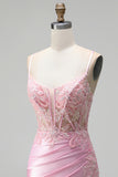 Mermaid Pink Embroidery Beaded Corset Sheer Satin Ruched Spaghetti Straps Long Prom Dress with Slit