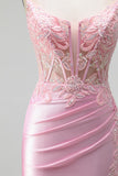 Mermaid Pink Embroidery Beaded Corset Sheer Satin Ruched Spaghetti Straps Long Prom Dress with Slit