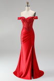 Off the Shoulder Red Mermaid Corset Satin Ruched Sequins Appliques Beaded Long Prom Dress with Slit