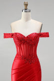 Off the Shoulder Red Mermaid Corset Satin Ruched Sequins Appliques Beaded Long Prom Dress with Slit