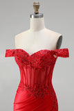 Off the Shoulder Red Mermaid Corset Satin Ruched Sequins Appliques Beaded Long Prom Dress with Slit