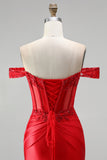 Off the Shoulder Red Mermaid Corset Satin Ruched Sequins Appliques Beaded Long Prom Dress with Slit