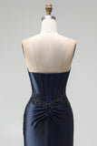 Dark Navy Mermaid Beaded Appliques Corset Satin Strapless Long Prom Dress with Slit