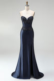 Dark Navy Mermaid Beaded Appliques Corset Satin Strapless Long Prom Dress with Slit