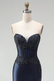 Dark Navy Mermaid Beaded Appliques Corset Satin Strapless Long Prom Dress with Slit