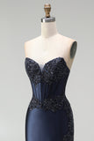 Dark Navy Mermaid Beaded Appliques Corset Satin Strapless Long Prom Dress with Slit