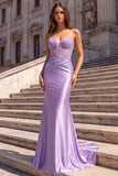 Lilac Satin Corset Sheer 3D Floral Appliques Ruched Spaghetti Straps Long Prom Dress
