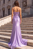 Lilac Satin Corset Sheer 3D Floral Appliques Ruched Spaghetti Straps Long Prom Dress