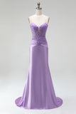 Lilac Satin Corset Sheer 3D Floral Appliques Ruched Spaghetti Straps Long Prom Dress