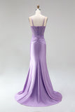 Lilac Satin Corset Sheer 3D Floral Appliques Ruched Spaghetti Straps Long Prom Dress