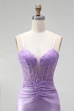 Lilac Satin Corset Sheer 3D Floral Appliques Ruched Spaghetti Straps Long Prom Dress