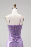 Lilac Satin Corset Sheer 3D Floral Appliques Ruched Spaghetti Straps Long Prom Dress