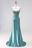 Blue Mint Mermaid Ruched Corset Satin Appliques Spaghetti Straps Long Prom Dress with Beading