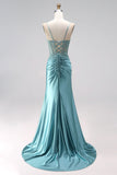 Blue Mint Mermaid Ruched Corset Satin Appliques Spaghetti Straps Long Prom Dress with Beading