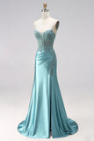 Blue Mint Mermaid Ruched Corset Satin Appliques Spaghetti Straps Long Prom Dress with Beading