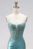 Blue Mint Mermaid Ruched Corset Satin Appliques Spaghetti Straps Long Prom Dress with Beading