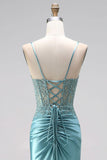 Blue Mint Mermaid Ruched Corset Satin Appliques Spaghetti Straps Long Prom Dress with Beading