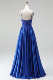 A-Line Royal Blue Appliques Satin Sequins Beaded Spaghetti Straps Long Prom Dress