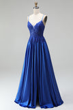 A-Line Royal Blue Appliques Satin Sequins Beaded Spaghetti Straps Long Prom Dress