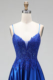 A-Line Royal Blue Appliques Satin Sequins Beaded Spaghetti Straps Long Prom Dress