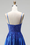 A-Line Royal Blue Appliques Satin Sequins Beaded Spaghetti Straps Long Prom Dress