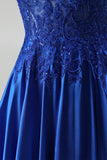 A-Line Royal Blue Appliques Satin Sequins Beaded Spaghetti Straps Long Prom Dress
