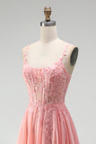 Pink Floral Appliques A-Line Corset Sheer Beaded Chiffon Long Prom Dress with Slit