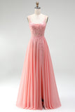 Pink Floral Appliques A-Line Corset Sheer Beaded Chiffon Long Prom Dress with Slit
