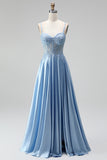 Light Blue Corset Sheer Beaded A-Line Spaghetti Straps Satin Long Prom Dress with Slit