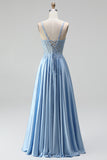 Light Blue Corset Sheer Beaded A-Line Spaghetti Straps Satin Long Prom Dress with Slit