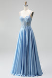 Light Blue Corset Sheer Beaded A-Line Spaghetti Straps Satin Long Prom Dress with Slit