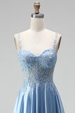 Light Blue Corset Sheer Beaded A-Line Spaghetti Straps Satin Long Prom Dress with Slit